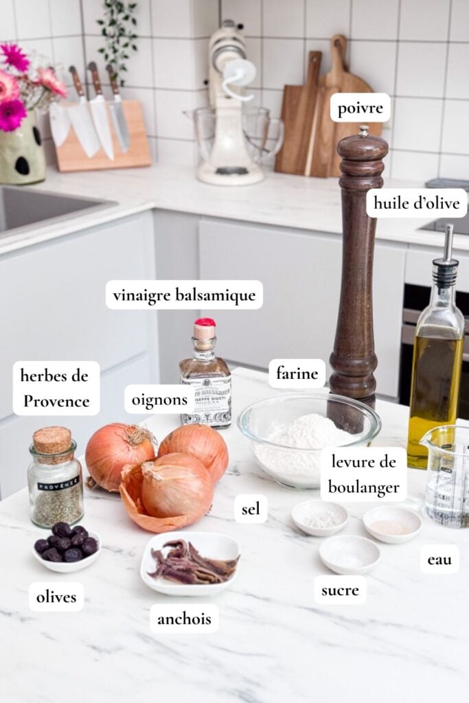 Les ingrédients disposés sur un comptoir de cuisine pour préparer une pissaladière traditionnelle comprennent des oignons, de la farine, du vinaigre balsamique, du sel, de la levure, du sucre, de l'eau, des anchois (anchois), des olives, des herbes de Provence, du poivre et de l'huile d'olive.