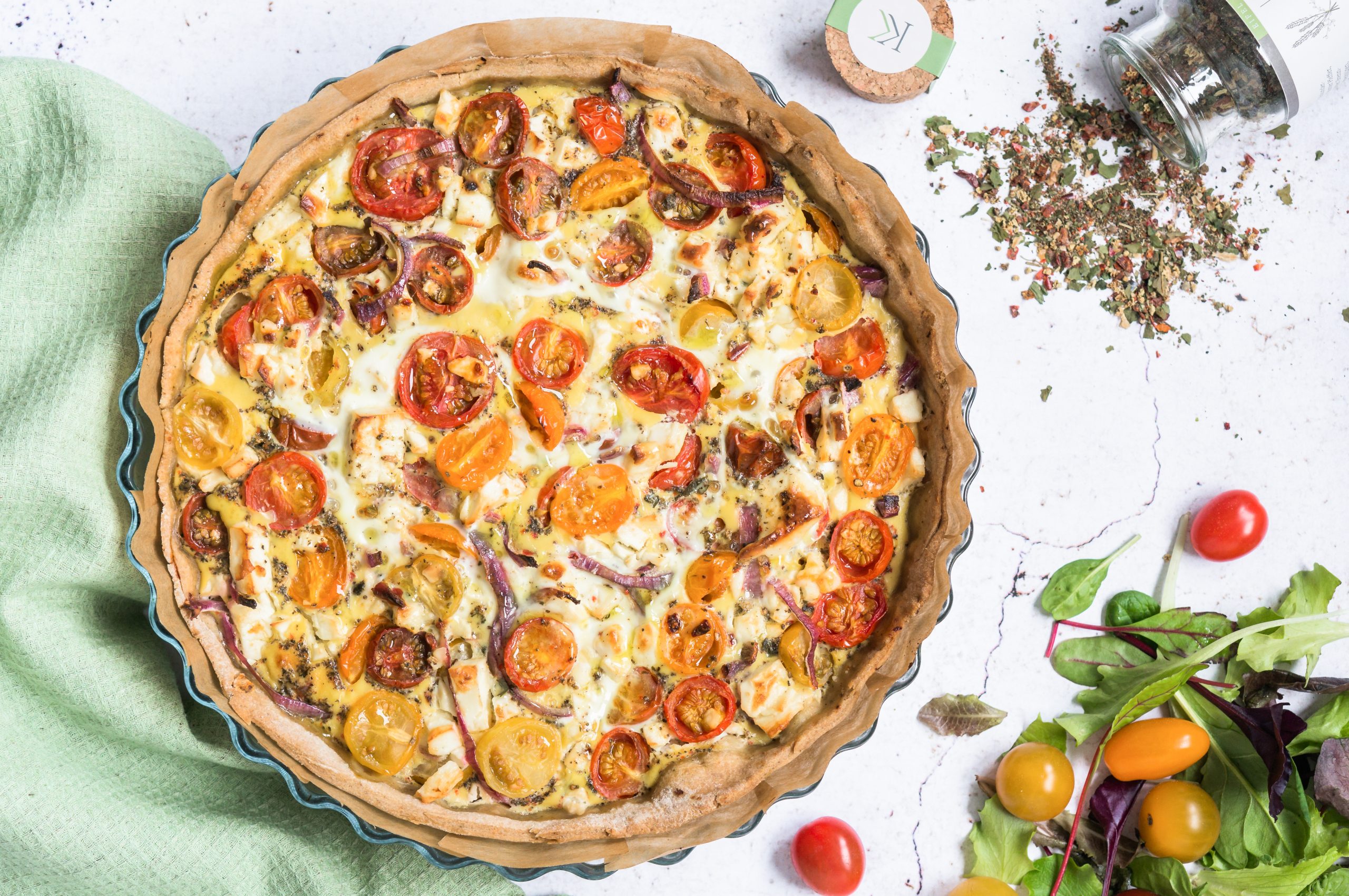 Cherry Tomatoes, Feta and Wild Herbs Quiche