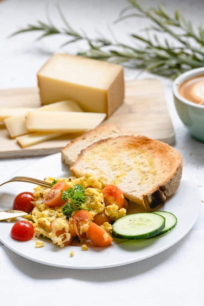 Scrambled Eggs with Comté and Cherry Tomatoes