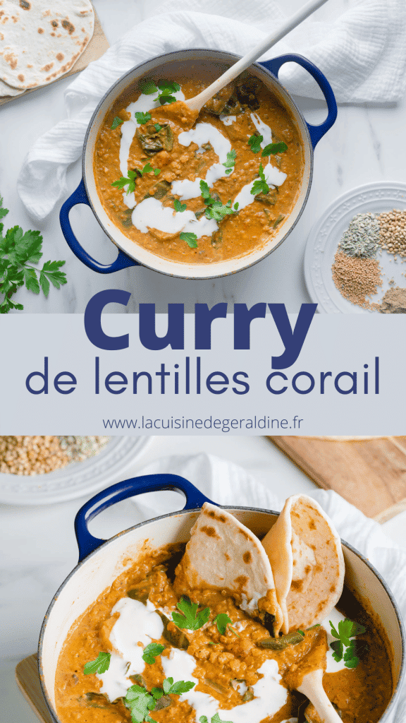 Vue de haut d'une casserole de curry de lentilles avec du lait de coco et du persil en décoration