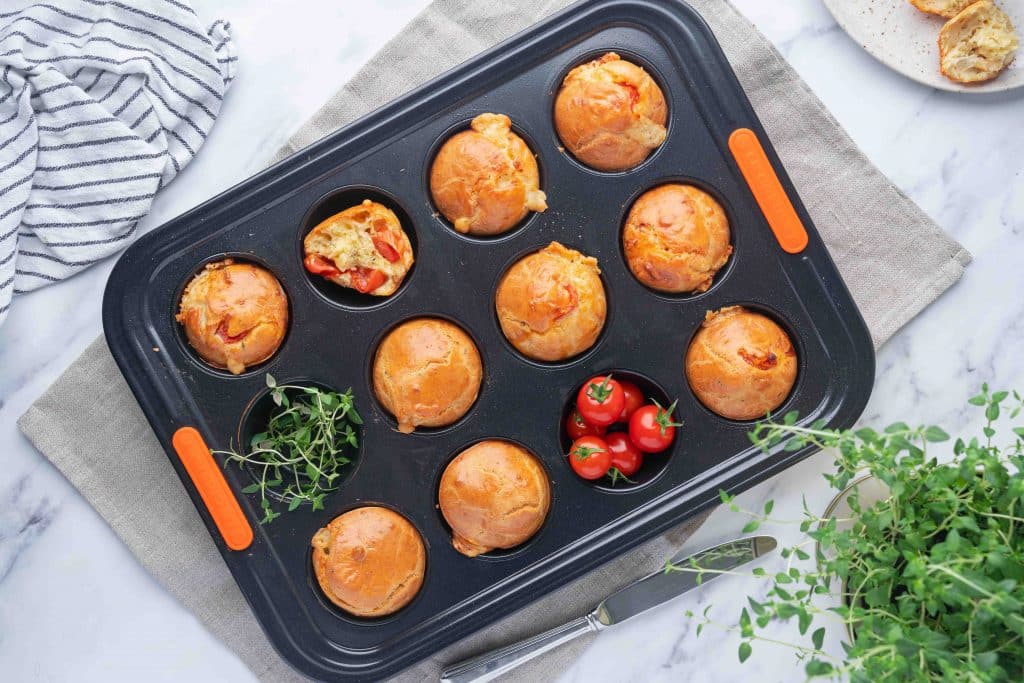 Top view of vegetarian savory muffins in a muffin pan