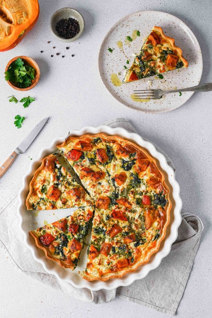 Roasted Pumpkin Quiche with Feta and Spinach from above