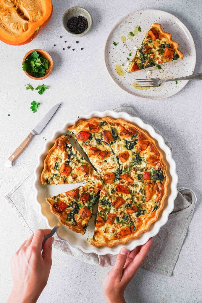 Roasted Pumpkin Quiche with Feta and Spinach from above
