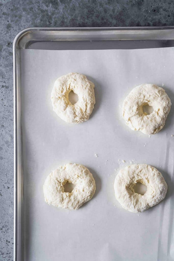 Zoom on 4 unbaked easy homemade bagels