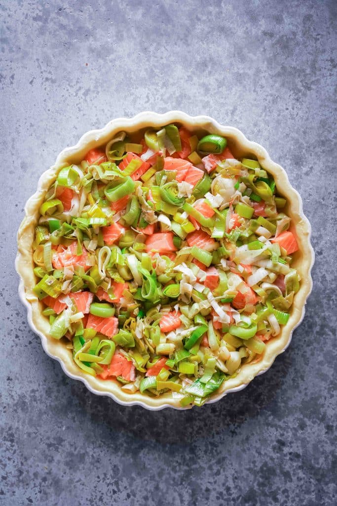Zoom on a shortcrust pastry with fresh salmon and leeks