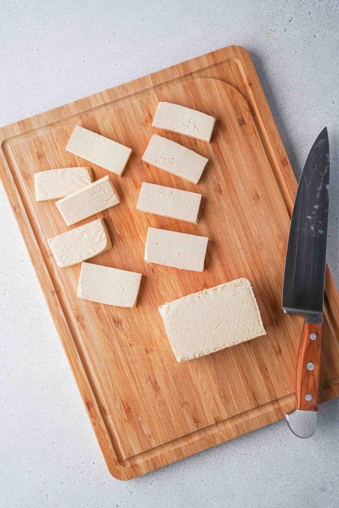 Tofu block cut in thick slices