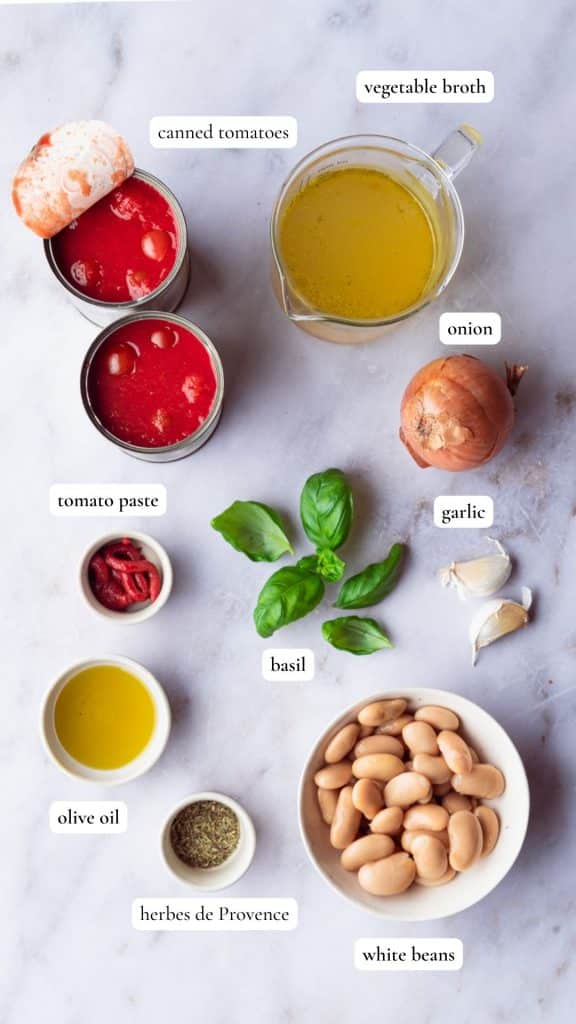 Ingredients to make a healthy tomato basil soup