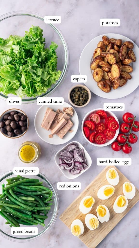 Ingredients to make a Niçoise salad.