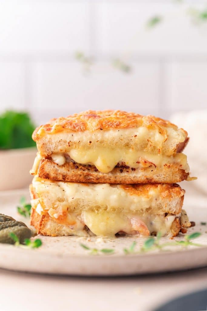 View of a croque monsieur cut in two