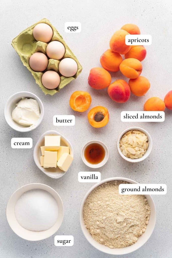 The ingredients of an apricot and almond cake recipe are displayed on a surface, including eggs, apricots, butter, cream, slivered almonds, vanilla, almond powder and sugar.