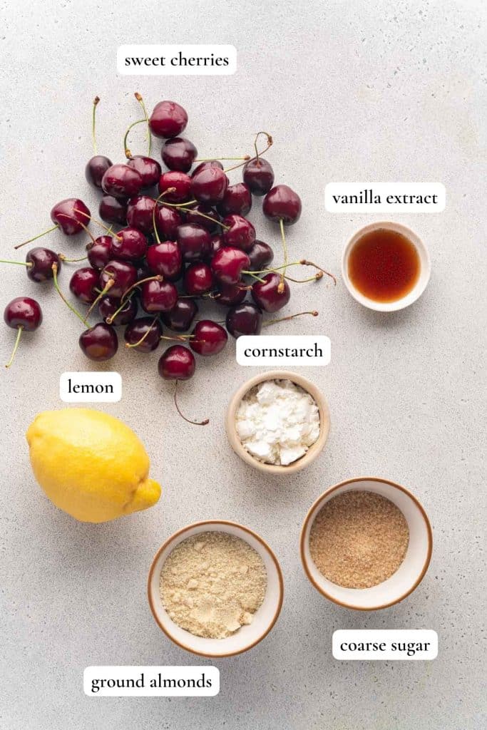 Liste of ingredients to make a sweet cherry galette