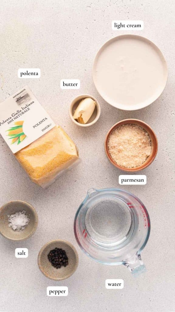 List of ingredients to make a creamy parmesan polenta 