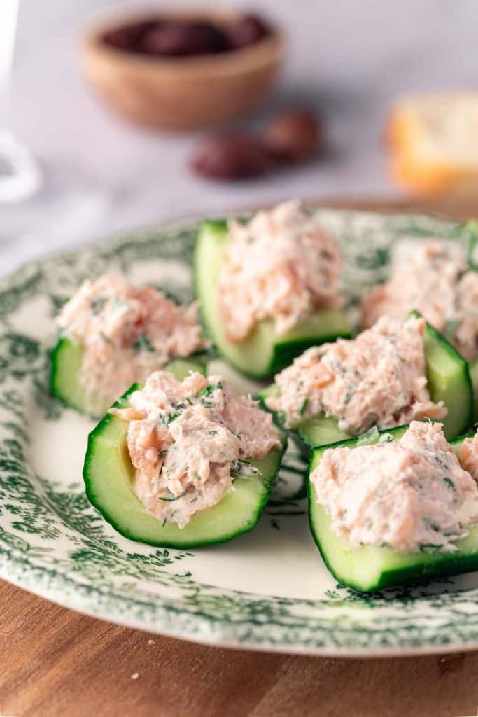 Cucumber boats with salmon rillettes