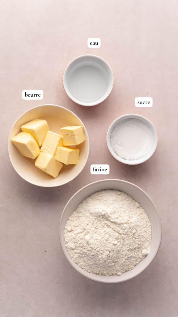 Ingrédients pour la préparation d'une pâte brisée sucrée
