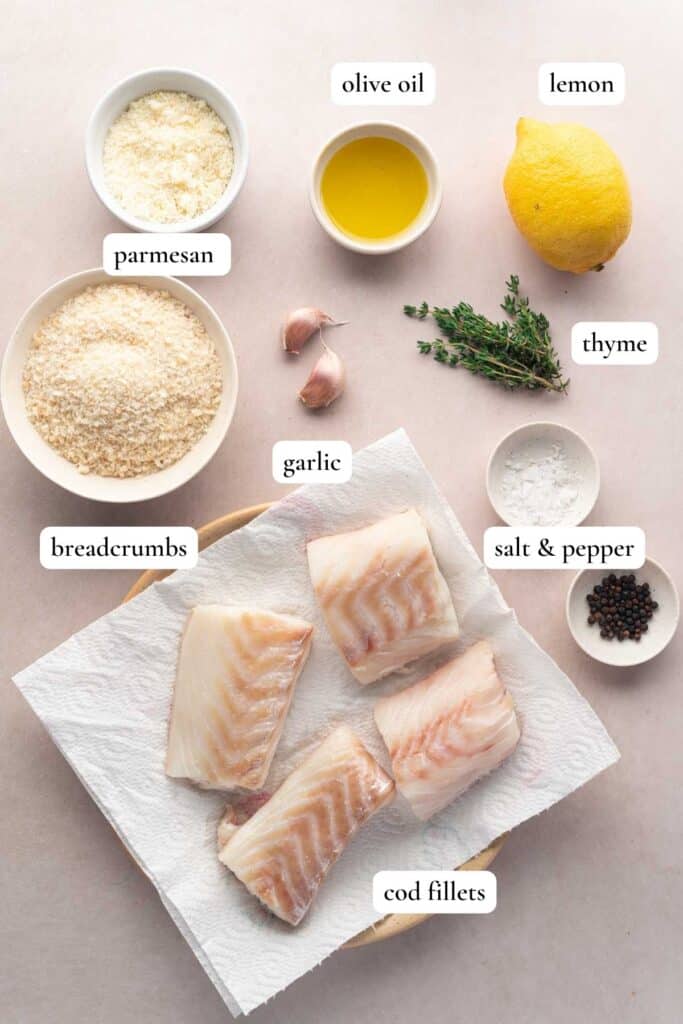 List of ingredients to prepare parmesan crusted cod