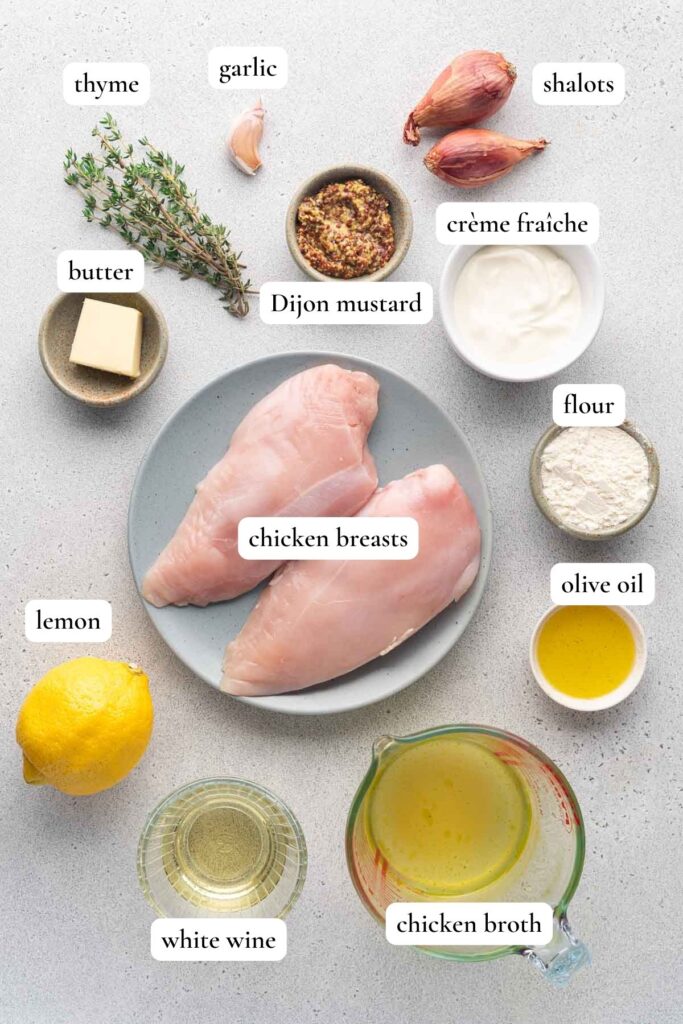 List of ingredients to make a creamy Dijon mustard Chicken (poulet à la moutarde)
