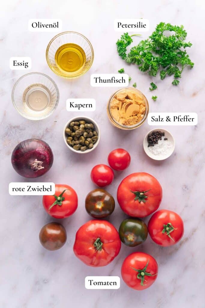 Zutaten für einen Tomaten-Thunfisch-Salat (spanischer Art)