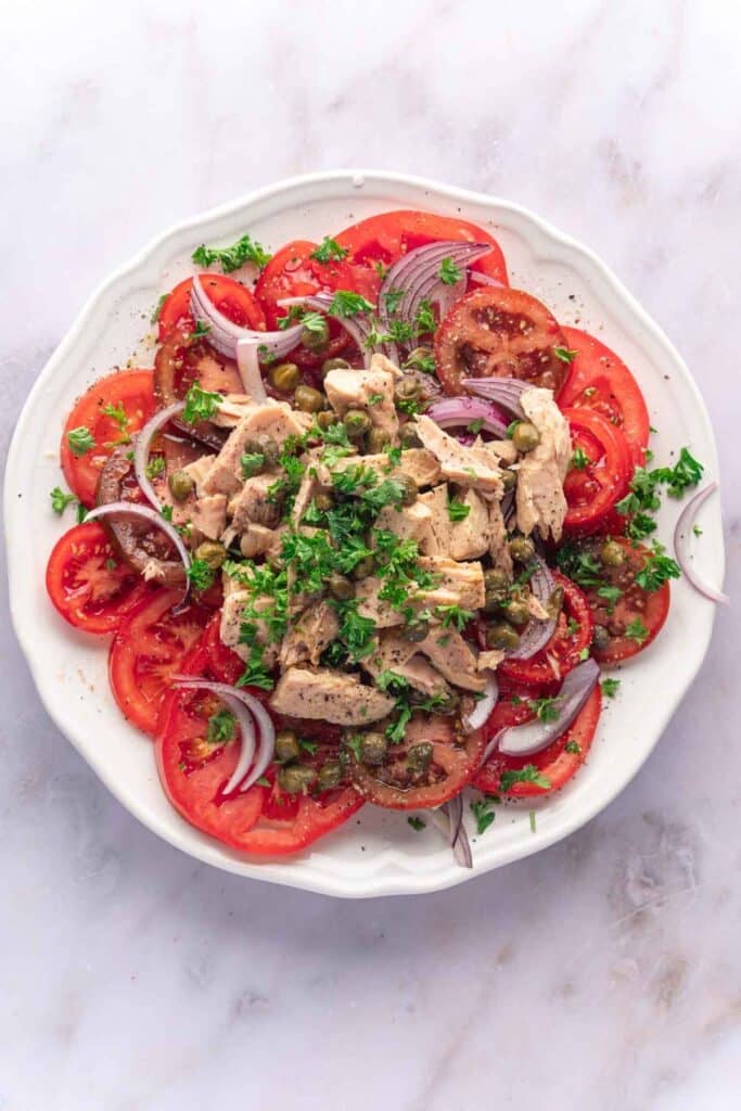 plated tuna and tomato salad