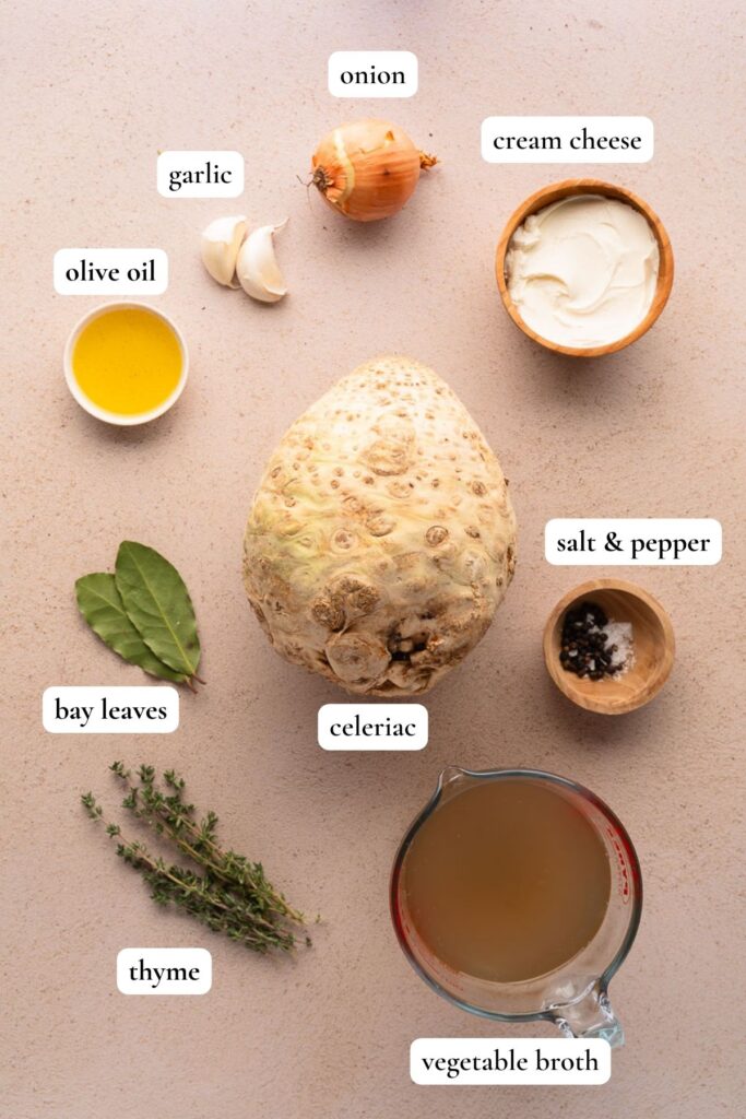 List of ingredients to make a creamy celeriac soup