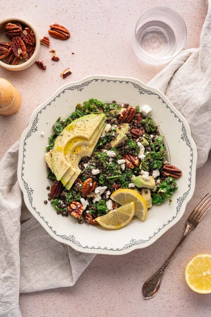 Plate of Kale and Lentil Salad with Avocado 