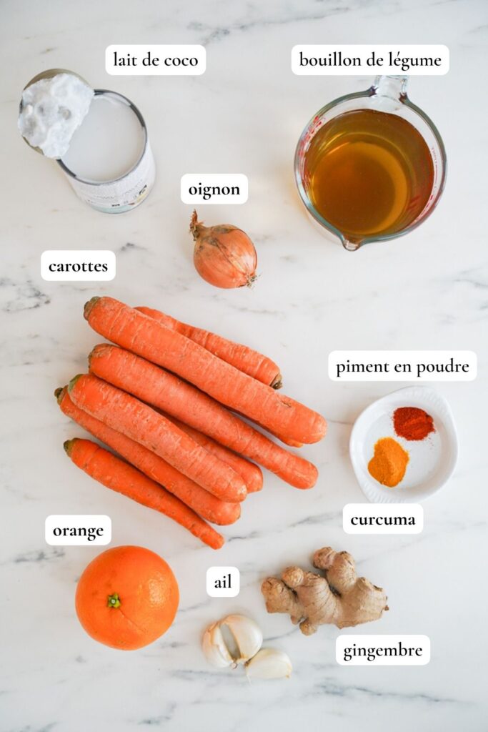 Liste des ingrédients pour préparer une soupe de carottes, de noix de coco et de gingembre
