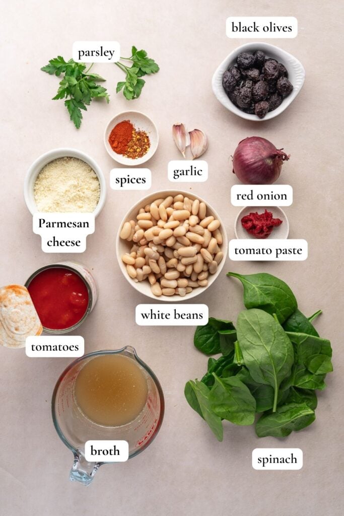 List of ingredients to make a White bean tomato stew