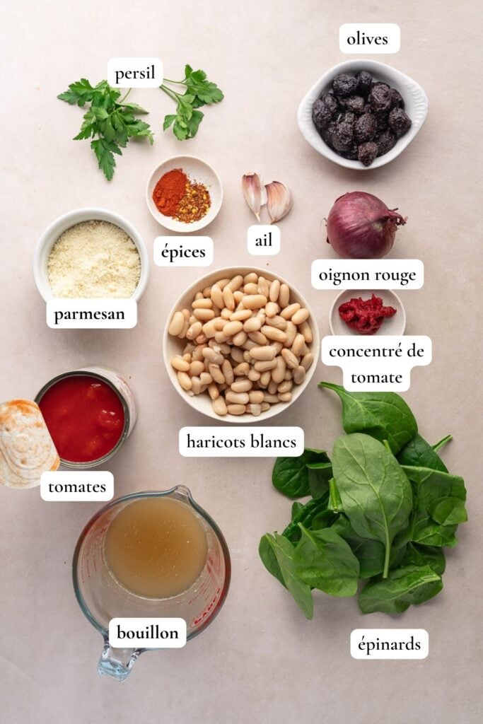Liste des ingrédients pour préparer une poêlée de haricots blancs et de tomates