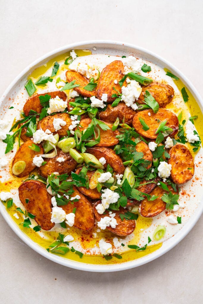 Spicy Air Fryer Roasted Potatoes with whipped feta