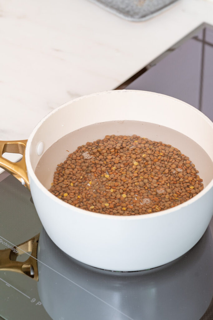 Lentilles dans une casserole d'eau froide non salée