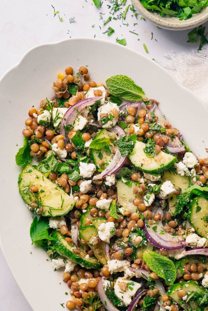 Zoom auf einen Salatteller mit Linsen, Minze und Feta