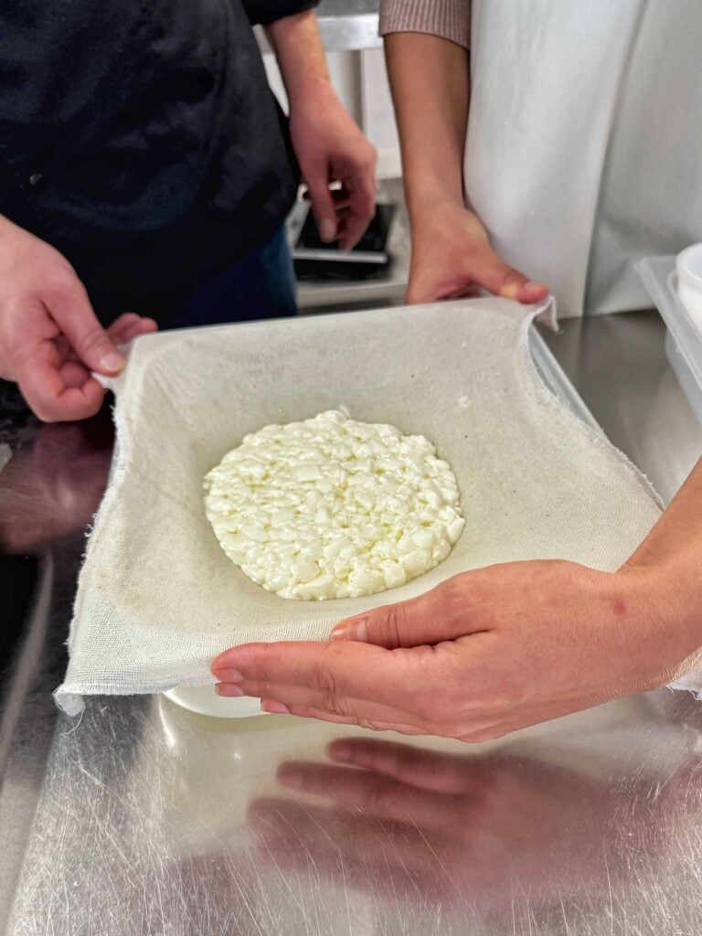 Deux personnes tiennent un tissu sur lequel est posé du fromage en grains frais. Le tissu est tendu sur un récipient dans une cuisine.