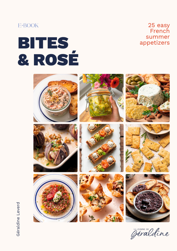 Cover of a French appetizer e-book, featuring a grid of nine colorful dishes, pink text highlighting “25 easy French summer appetizers,” and the title “Bites & Rosé” in bold blue letters—a celebration of effortless bites perfectly paired with chilled rosé.